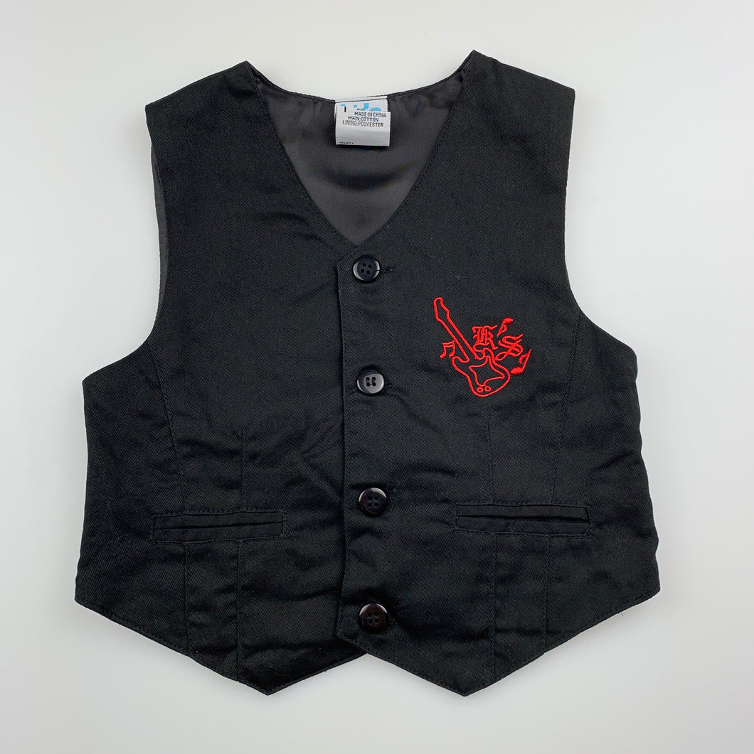 Boys Kids Stuff, black cotton waistcoat / vest, guitar, GUC, size 1