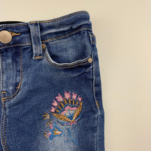 Load image into Gallery viewer, Girls Cotton On, embroidered stretch denim step hem jeans, adjustable, GUC, size 2