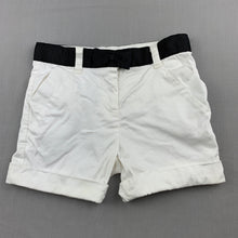 Load image into Gallery viewer, Girls Origami, white stretch cotton shorts, adjustable, marks front right, FUC, size 1