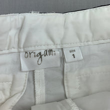 Load image into Gallery viewer, Girls Origami, white stretch cotton shorts, adjustable, marks front right, FUC, size 1