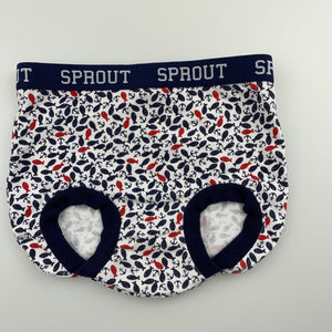 Boys Sprout, stretchy nappy cover / shorts, fish, EUC, size 000