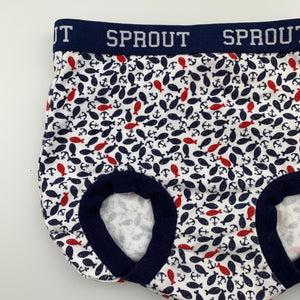 Boys Sprout, stretchy nappy cover / shorts, fish, EUC, size 000