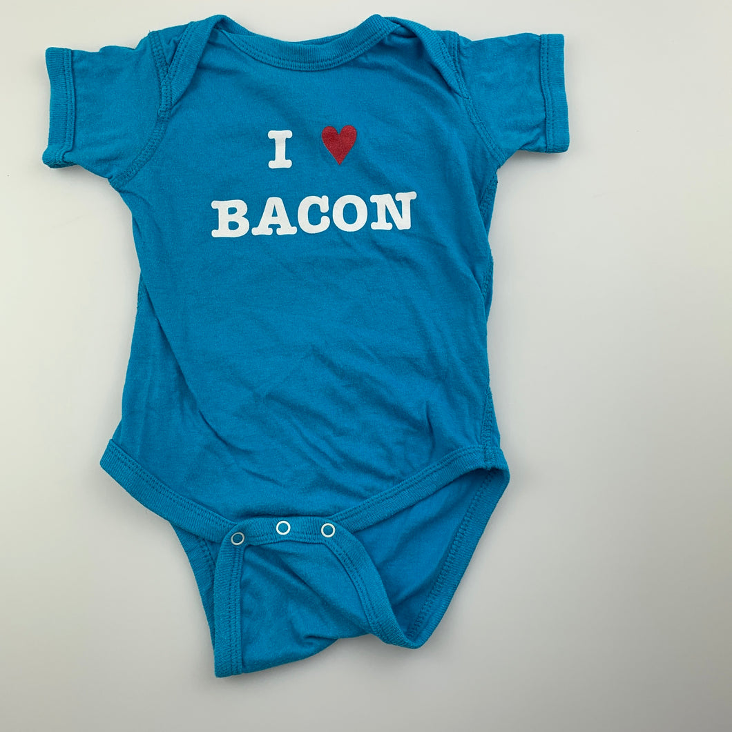 Unisex Rabbit Skins, blue cotton bodysuit / romper, bacon, GUC, size 6 months