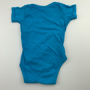 Unisex Rabbit Skins, blue cotton bodysuit / romper, bacon, GUC, size 6 months