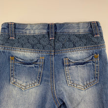 Load image into Gallery viewer, Girls Matalan, embroidered denim jeans, adjustable, lace detail, Inside leg: 30.5cm, GUC, size 1