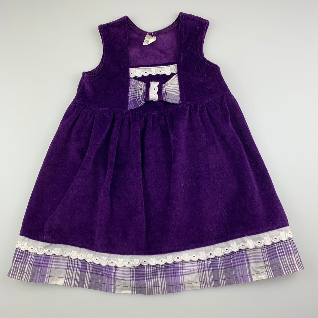 Girls purple, velour party dress, L: 45cm, GUC, size 0