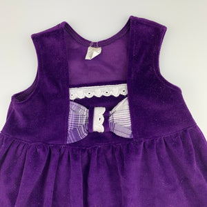 Girls purple, velour party dress, L: 45cm, GUC, size 0