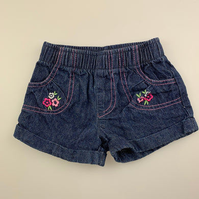 Girls Dymples, blue denim shorts, elasticated, flowers, EUC, size 00