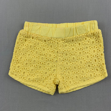 Girls Target, yellow broderie cotton shorts, elasticated, EUC, size 000