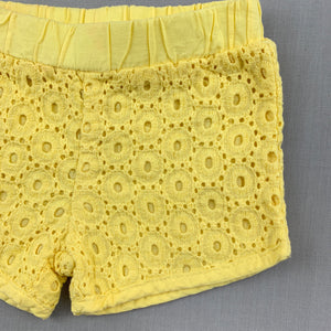 Girls Target, yellow broderie cotton shorts, elasticated, EUC, size 000