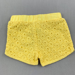 Girls Target, yellow broderie cotton shorts, elasticated, EUC, size 000