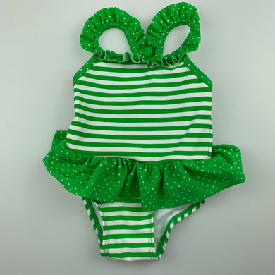 Girls Higgledee, green & white stripe swim one-piece, EUC, size 00