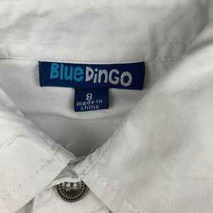 Boys Blue Dingo, white cotton long sleeve shirt, small marks left arm, FUC, size 8