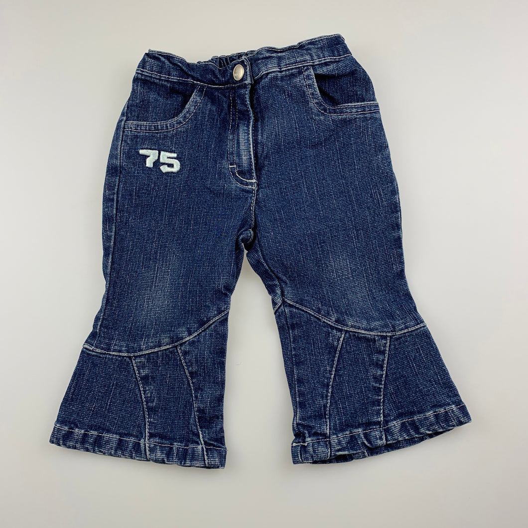 Girls Minihaha Baby, blue stretch denim bootcut jeans, elasticated, GUC, size 0
