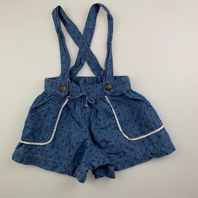 Girls Dymples, chambray cotton suspender shorts, elasticated, GUC, size 00
