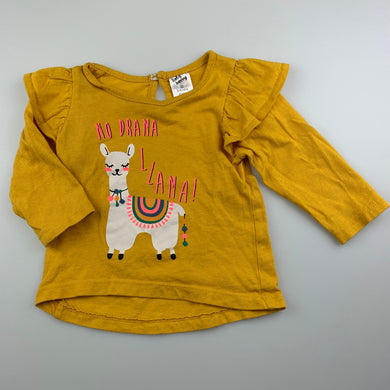 Girls Baby Berry, mustard cotton long sleeve top, llama, EUC, size 00