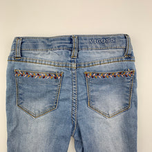 Load image into Gallery viewer, Girls Vigoss, distressed stretch denim jeans, embroidered, adjustable, FUC, size 2