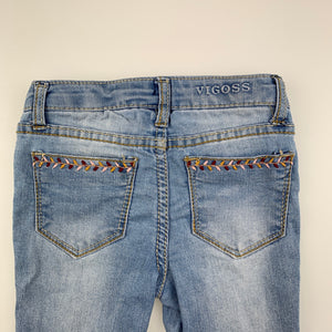 Girls Vigoss, distressed stretch denim jeans, embroidered, adjustable, FUC, size 2