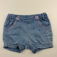 Load image into Gallery viewer, Girls Sprout, blue chambray cotton shorts, adjustable, FUC, size 00