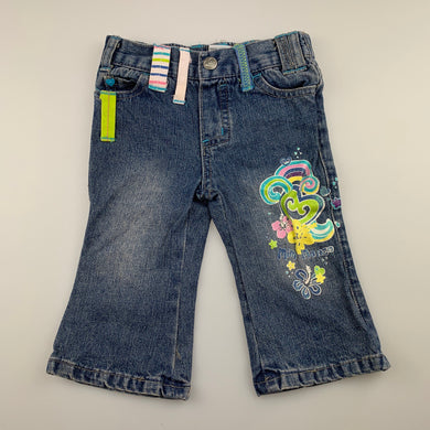 Girls Mini Mango, blue denim jeans, flowers, FUC, size 00