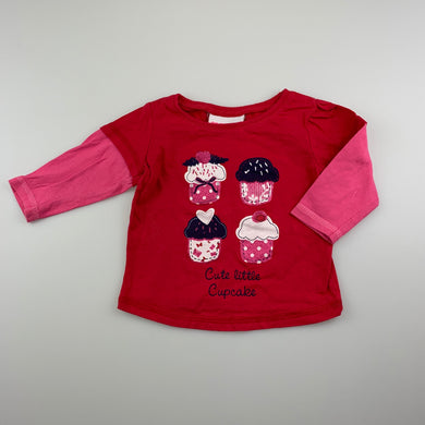 Girls Mango, red & pink cotton long sleeve top, FUC, size 0