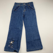 Load image into Gallery viewer, Girls Nannette, blue denim jeans, embroidered, adjustable, Inside leg: 41cm, GUC, size 4