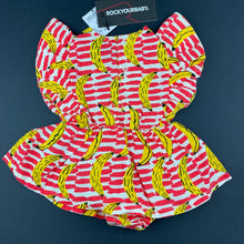 Load image into Gallery viewer, Girls Rock Your Baby, cotton angel wing romper dress, bananas, NEW, size 000