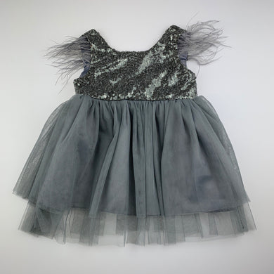 Girls grey, tulle sequin & feather party dress, L: 46cm, armpit to armpit: 26.5cm, GUC, size 0-1