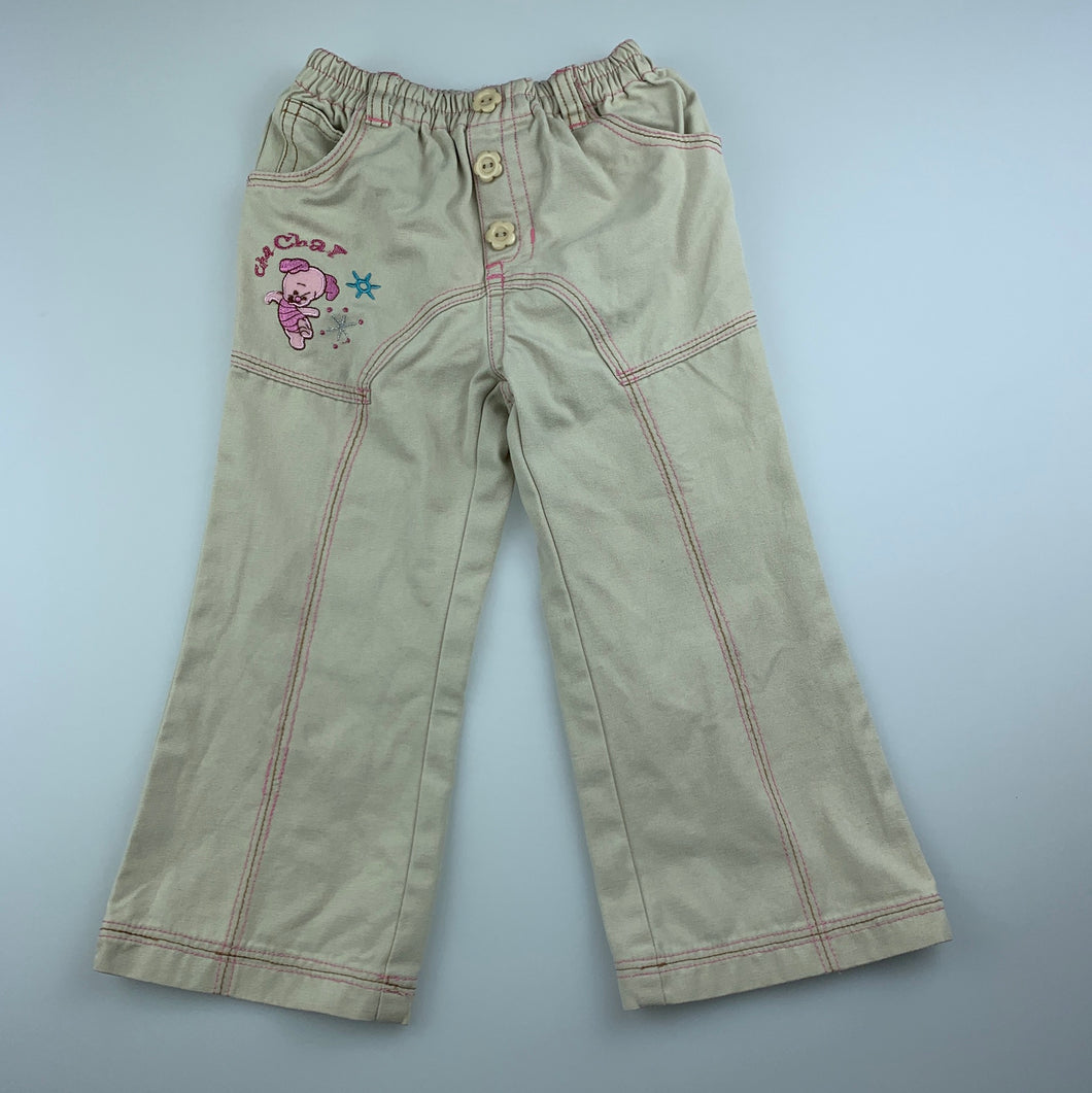 Girls Disney Baby, Winnie the Pooh beige cotton pants, elasticated, Inside leg: 30.5cm, GUC, size 2-3