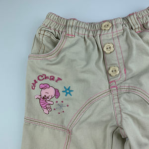 Girls Disney Baby, Winnie the Pooh beige cotton pants, elasticated, Inside leg: 30.5cm, GUC, size 2-3