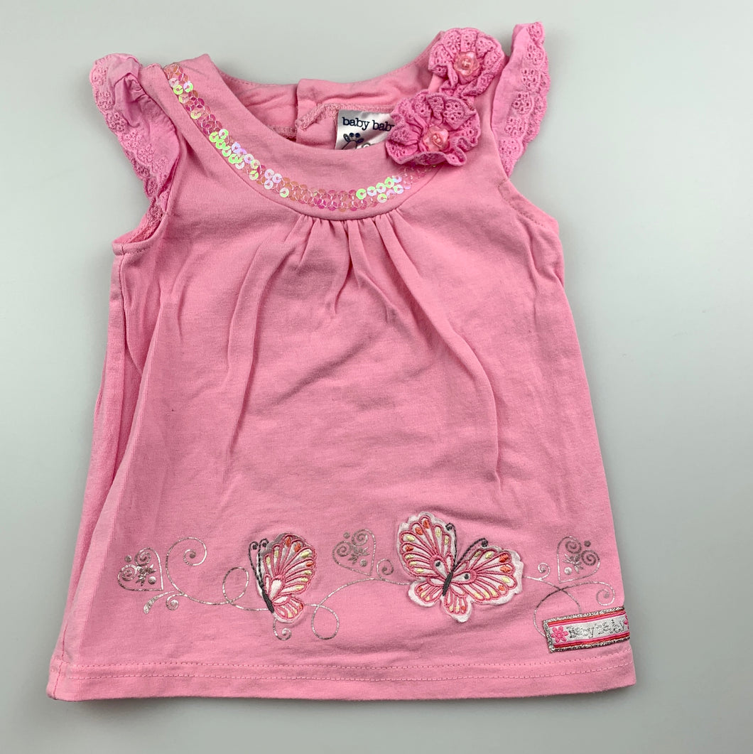 Girls Baby Baby, pink stretchy top, butterflies, GUC, size 00