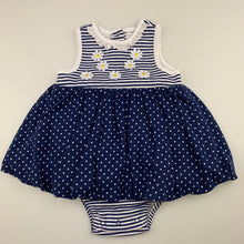 Load image into Gallery viewer, Girls Little Me, navy stripe cotton romper dress, EUC, size 0