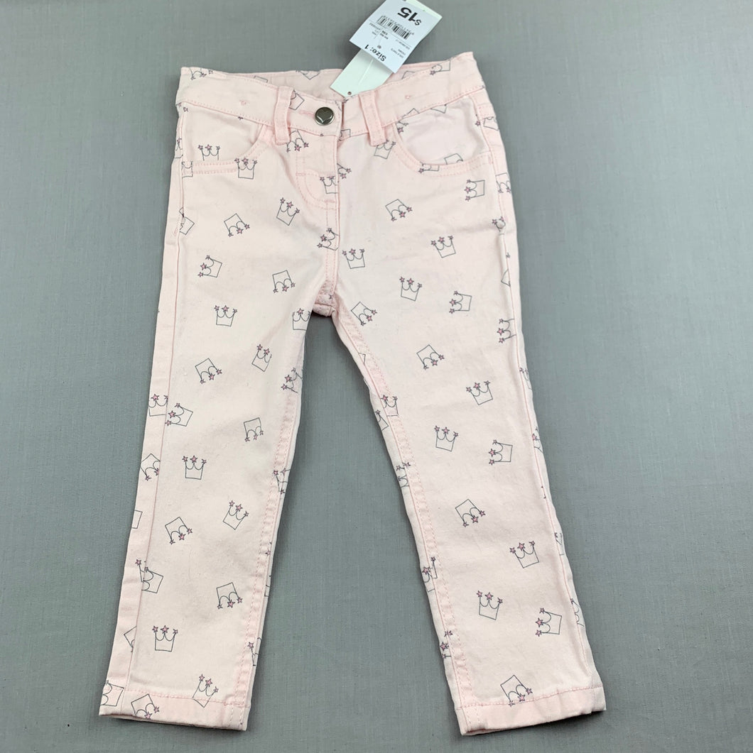 Girls Anko, pink stretch cotton pants, adjustable, Inside leg: 29cm, NEW, size 1