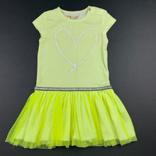 Load image into Gallery viewer, Girls Tumble &#39;n Dry, neon yellow stripe stretchy party dress, EUC, size 1-2, L: 47cm approx