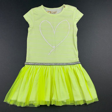 Girls Tumble 'n Dry, neon yellow stripe stretchy party dress, EUC, size 1-2, L: 47cm approx