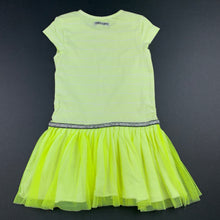 Load image into Gallery viewer, Girls Tumble &#39;n Dry, neon yellow stripe stretchy party dress, EUC, size 1-2, L: 47cm approx