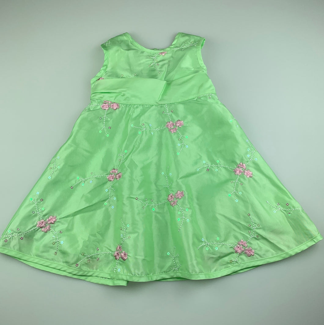 Girls Target, green embroidered floral lightweight party dress, EUC, size 1, L: 47cm approx