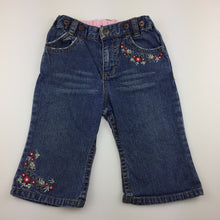 Load image into Gallery viewer, Girls H&amp;M, blue denim jeans, embroidered, elasticated, GUC, size 0