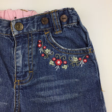 Load image into Gallery viewer, Girls H&amp;M, blue denim jeans, embroidered, elasticated, GUC, size 0