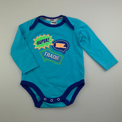 Boys Tradie Baby, blue stretchy bodysuit / romper, EUC, size 00,  