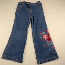 Load image into Gallery viewer, Girls Now, embroidered stretch denim boot cut jeans, elasticated, inside leg: 45 cm, FUC, size 4,  