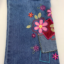 Load image into Gallery viewer, Girls Now, embroidered stretch denim boot cut jeans, elasticated, inside leg: 45 cm, FUC, size 4,  