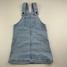 Load image into Gallery viewer, Girls Cotton On, stretch denim overalls dress, pinafore, GUC, size 4, L: 55cm