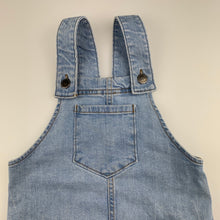 Load image into Gallery viewer, Girls Cotton On, stretch denim overalls dress, pinafore, GUC, size 4, L: 55cm