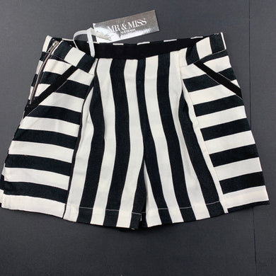 Girls Mr & Miss Australia, black & white lightweight pleat front shorts, adjustable, NEW, size 6,  