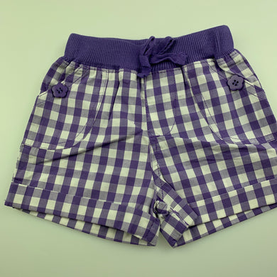 Girls Baby Biz, purple check lightweight cotton shorts, elasticated, EUC, size 000,  