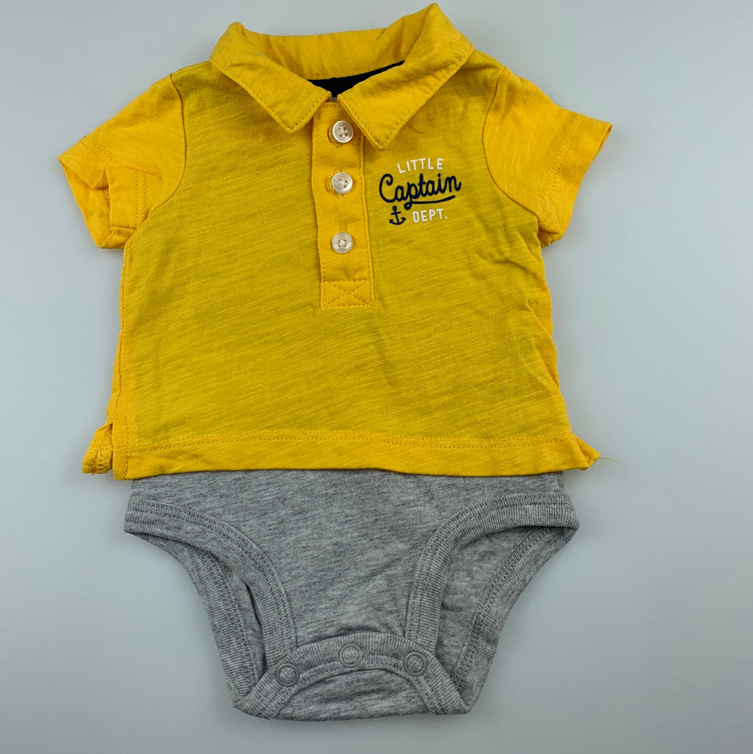 Boys Carters, yellow & grey cotton romper, EUC, size 0000,  