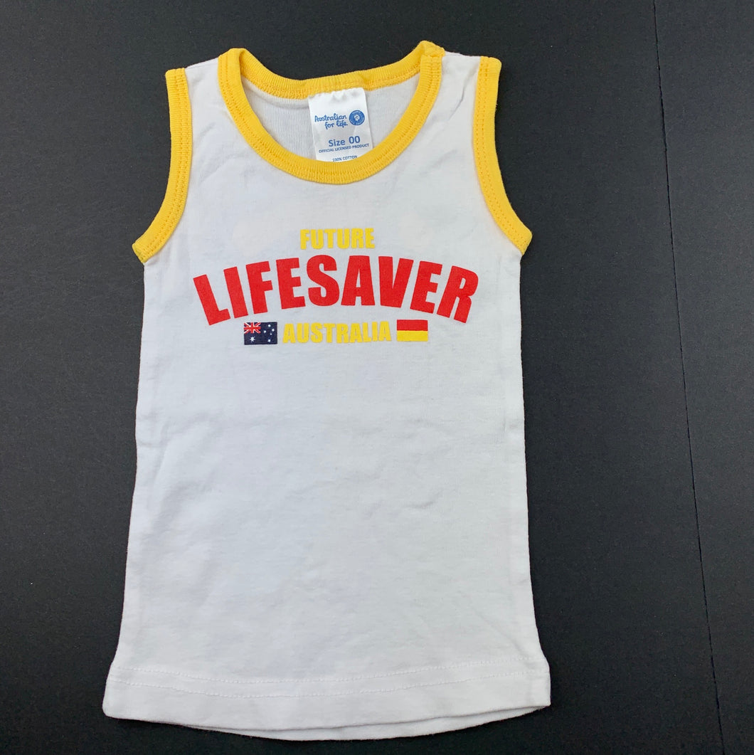 unisex Australian For Life, cotton lifesaver singlet top, GUC, size 00,  