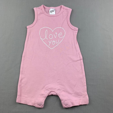 Girls Anko, pink cotton romper, heart, GUC, size 00,  