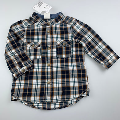Boys H&M, checked cotton long sleeve collarless shirt, NEW, size 00,  